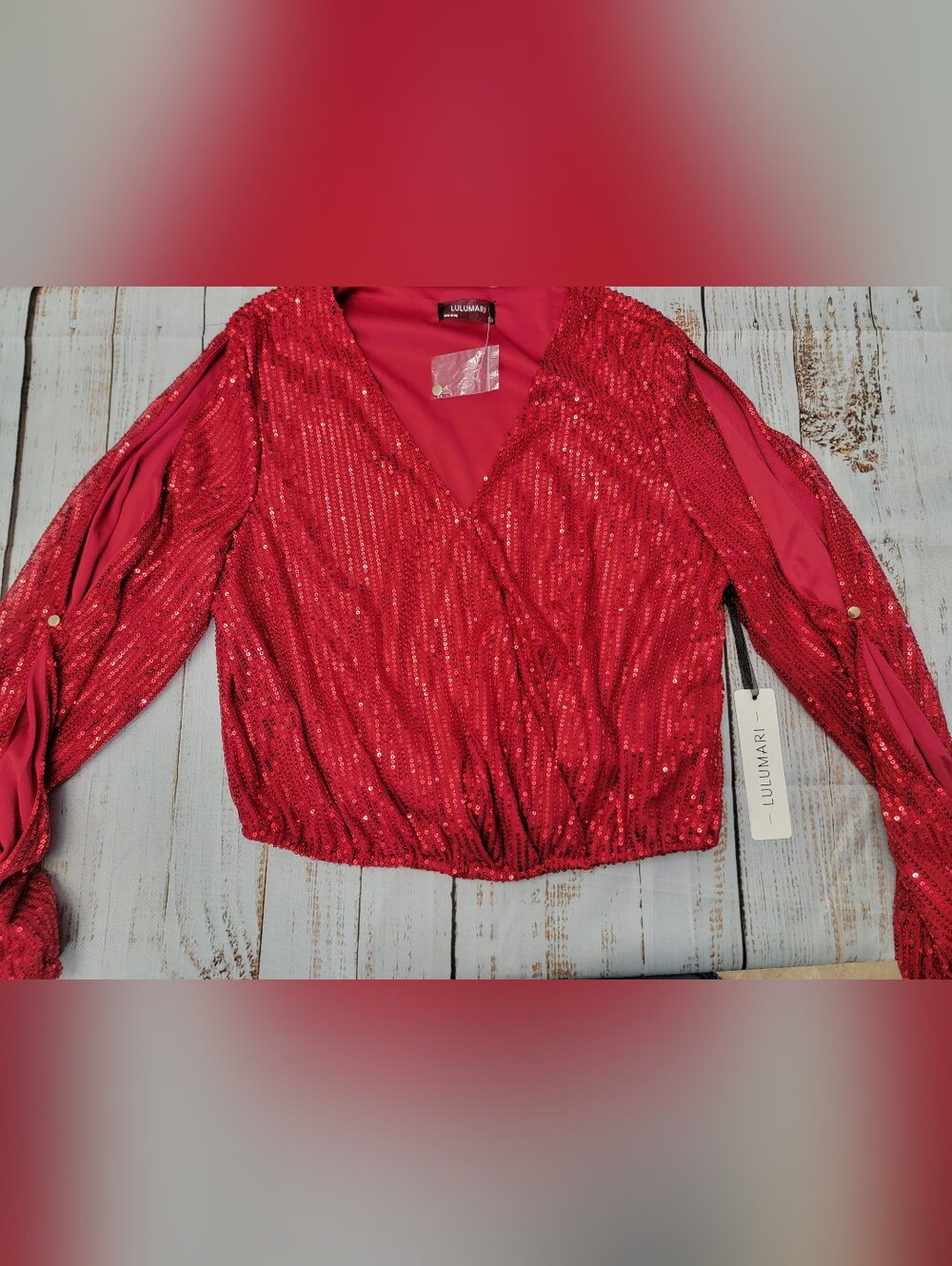 Lulumari Red Sequin Wrap-Style Long Sleeve Top